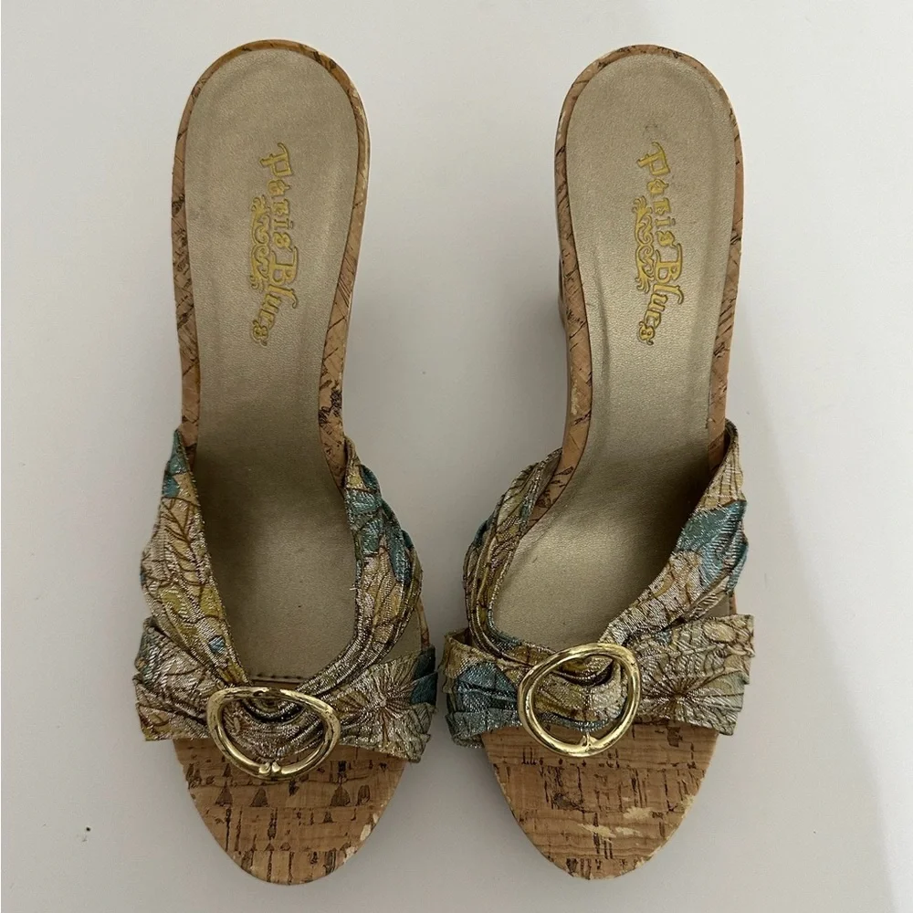 Petals Bling Jacquard Cork-Look Platform Mules Gold Ring Y2K Size 7 Bohemian